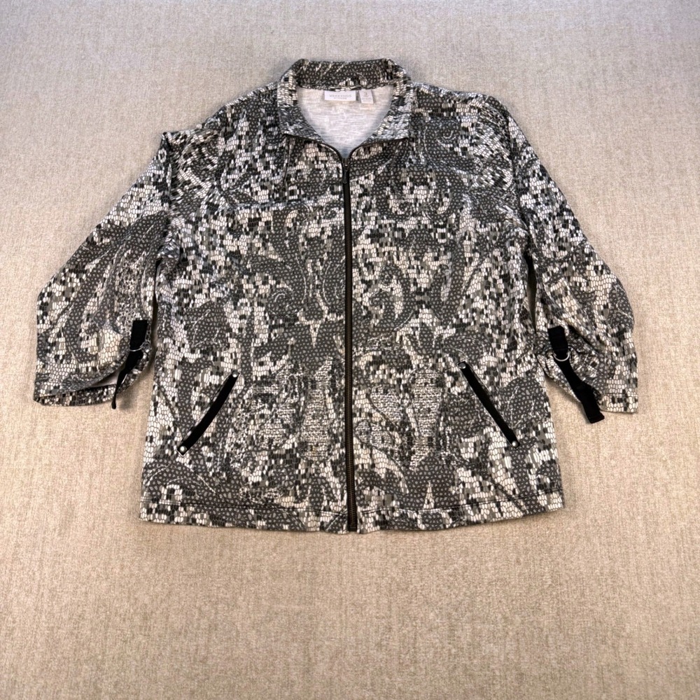 Chico's Weekends Zip Up Jacket Womens 3 (XL / 16) Gray Snakeskin 3/4 Sleeve